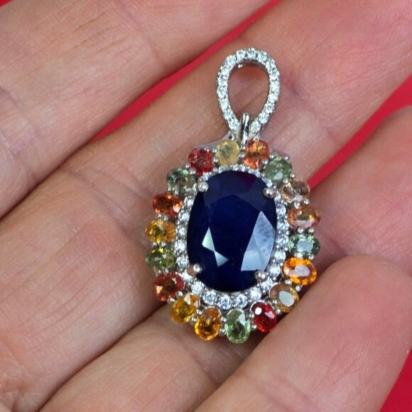 925 Sterling Silver Large Pendant with Blue Sapphire & Multicolor Sapphire Gems - Picture 9 of 12